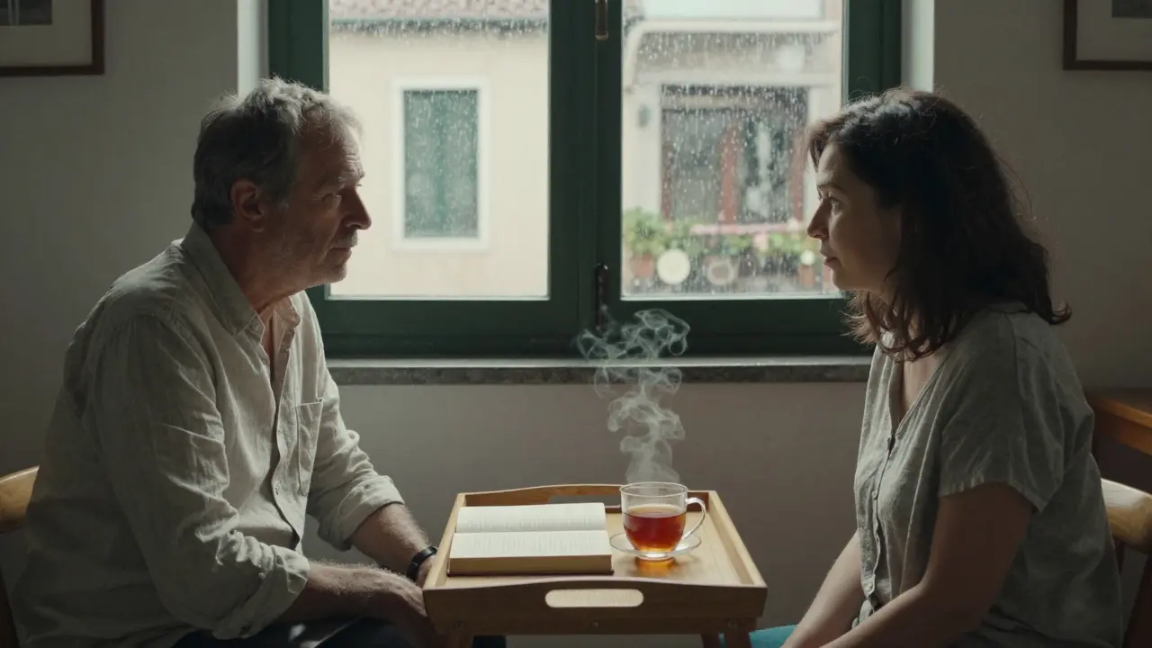 A man and woman sitting peacefully in a Navigli apartment, sharing tea and quiet conversation in soft light.