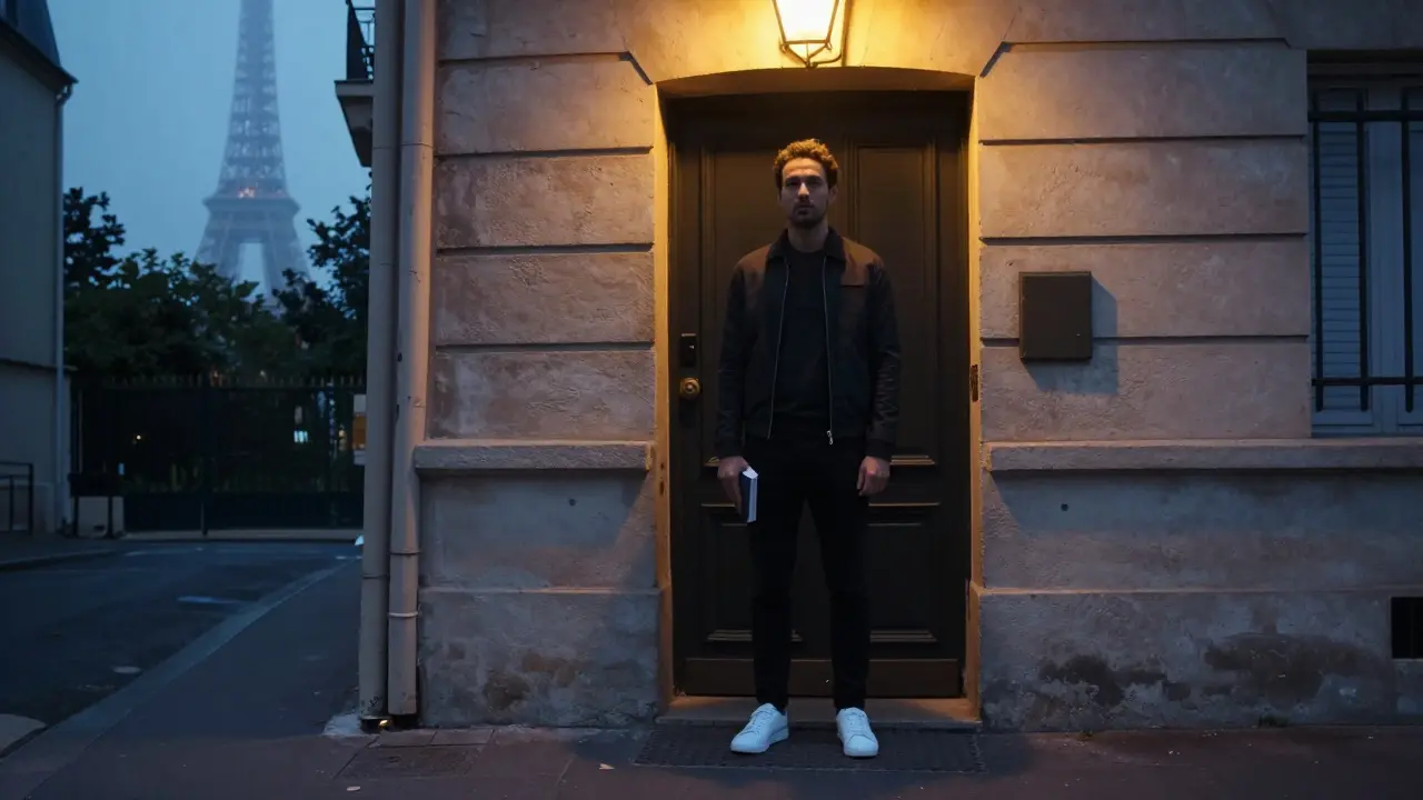A man in casual attire stands patiently outside a Paris apartment building at dusk.