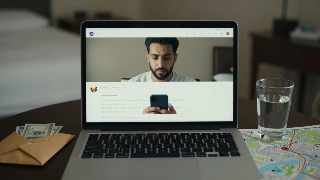 A man reviewing detailed expat forum reviews on a laptop in his hotel room.