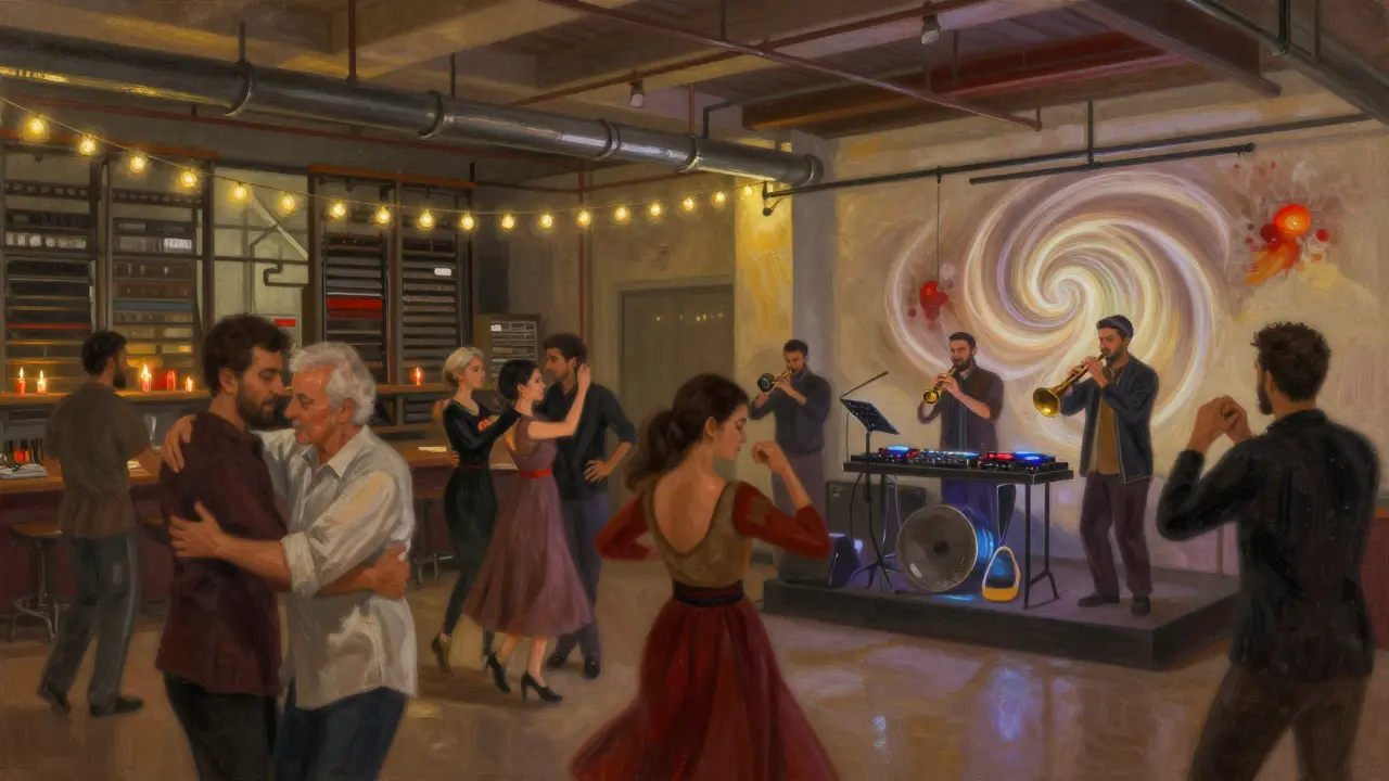 A mixed crowd dances in a converted printing press venue in Kadıköy, musicians playing traditional and electronic music under string lights.