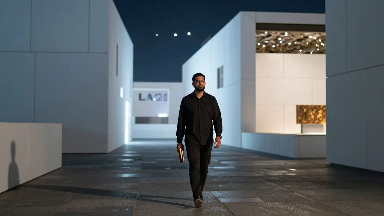 A person walking through the Louvre Abu Dhabi at night, surrounded by art and architectural light.