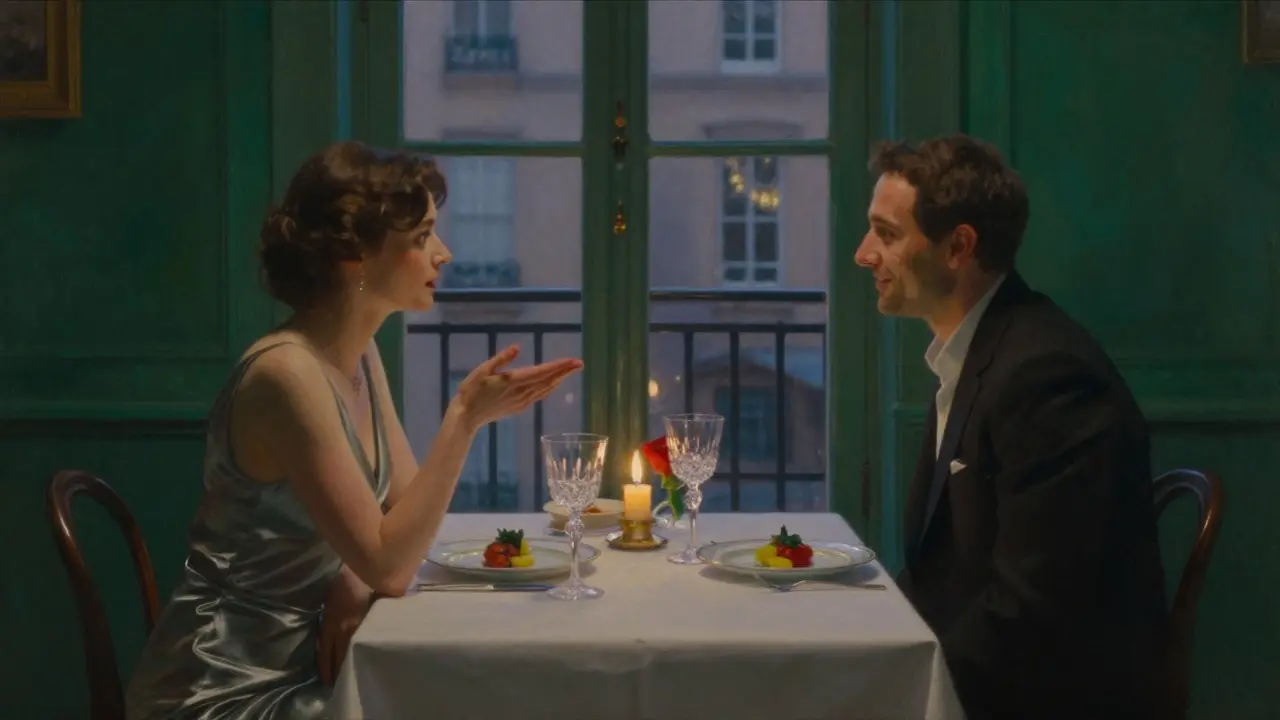 A private dinner in a Paris townhouse, candlelit and serene, with two figures engaged in quiet conversation.