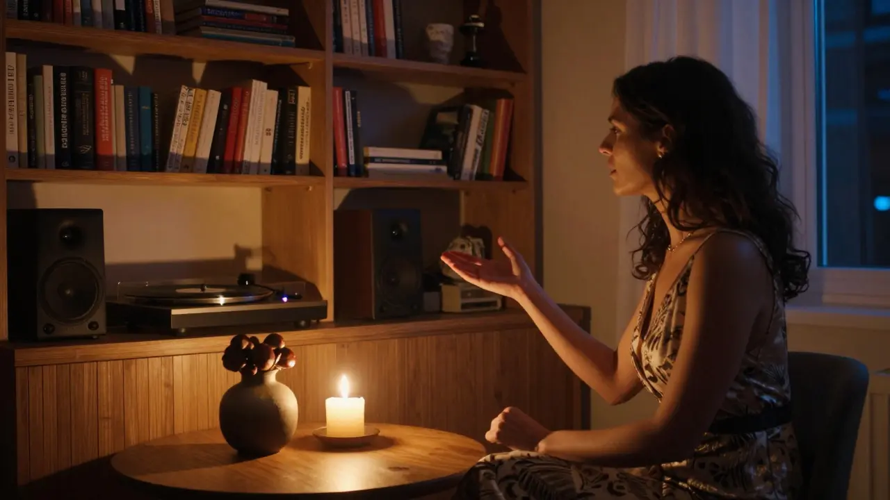 A private living room with candlelight, books, and chestnuts, a woman speaks gently to a client in quiet intimacy.