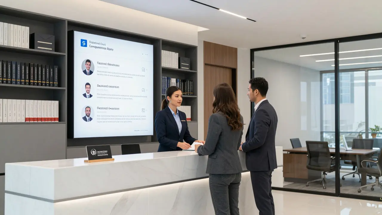 A professional agency reception area in Dubai with a receptionist greeting a client.