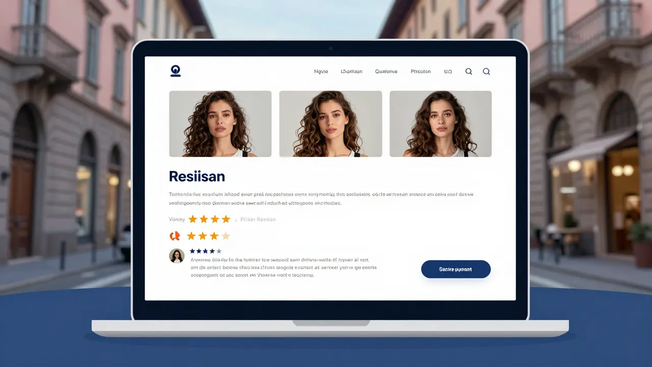 A professional escort profile on a laptop screen with authentic photos and verified reviews.