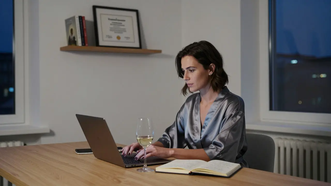 A professional woman working quietly in her minimalist Berlin apartment, surrounded by books and soft city lights.