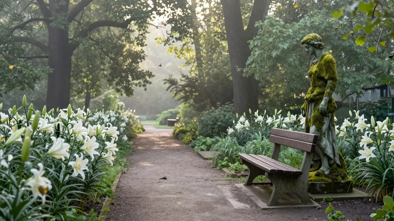 A quiet path in Berlin's Botanical Garden surrounded by ancient trees and lilies, dew glistening in morning light.