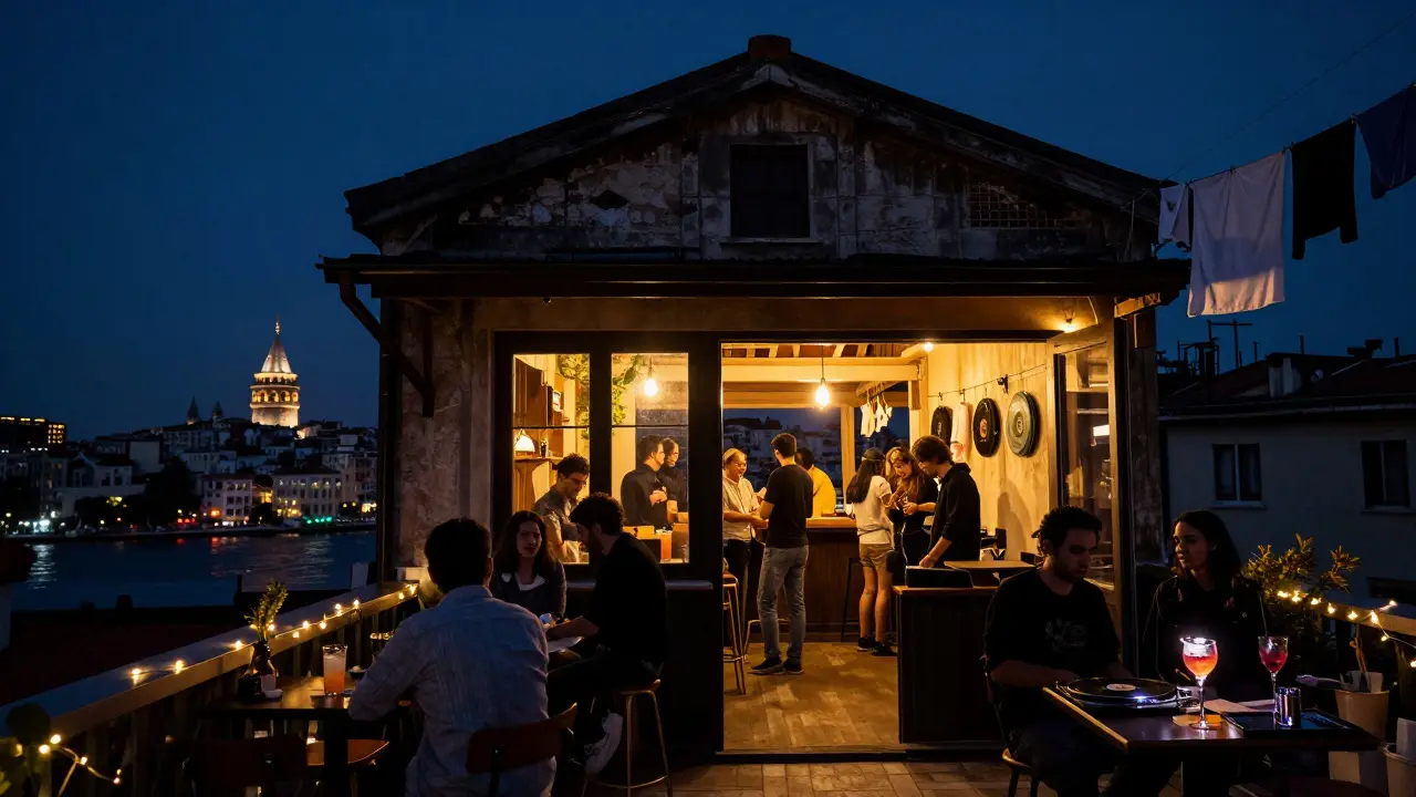 A secret rooftop bar in Karaköy with views of the Golden Horn, people enjoying craft cocktails under string lights at midnight.