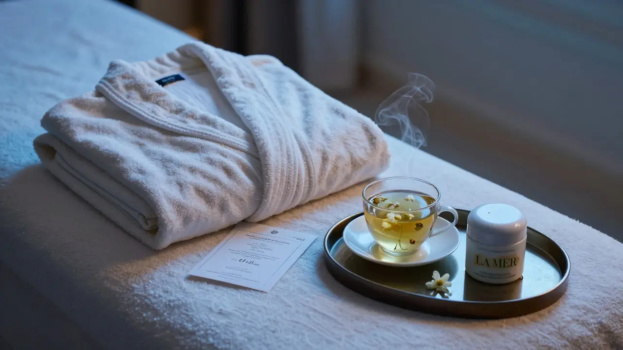 A serene spa room with a massage voucher, jasmine tea, and luxury skincare set on a bench.