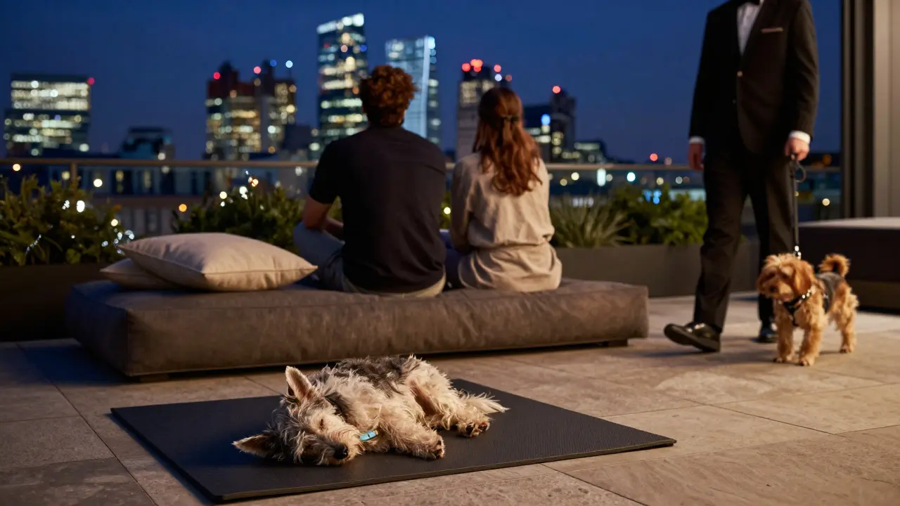 A small dog sleeping peacefully on a mat beside its owner overlooking London's night skyline.