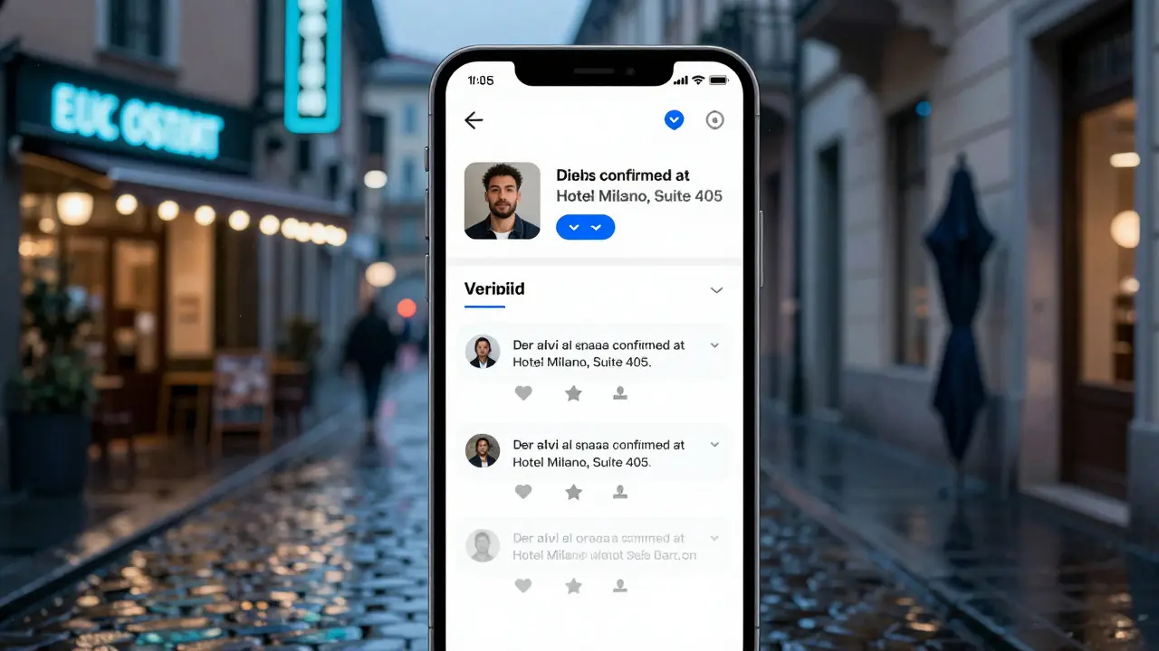 A smartphone screen shows a verified escort profile with reviews, set against a rainy Milan street at night.