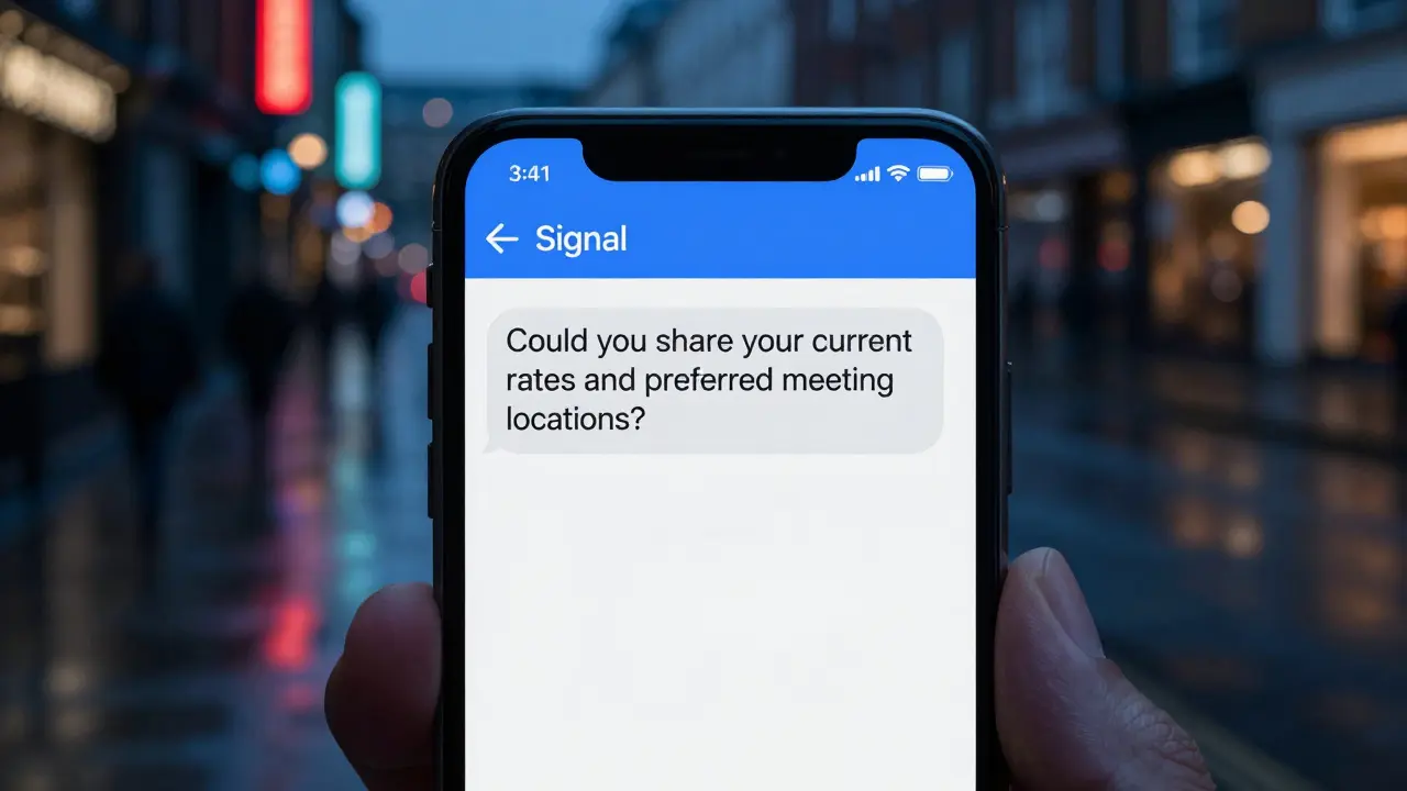 A smartphone screen shows an encrypted message about escort services, set against a rainy London street at night.