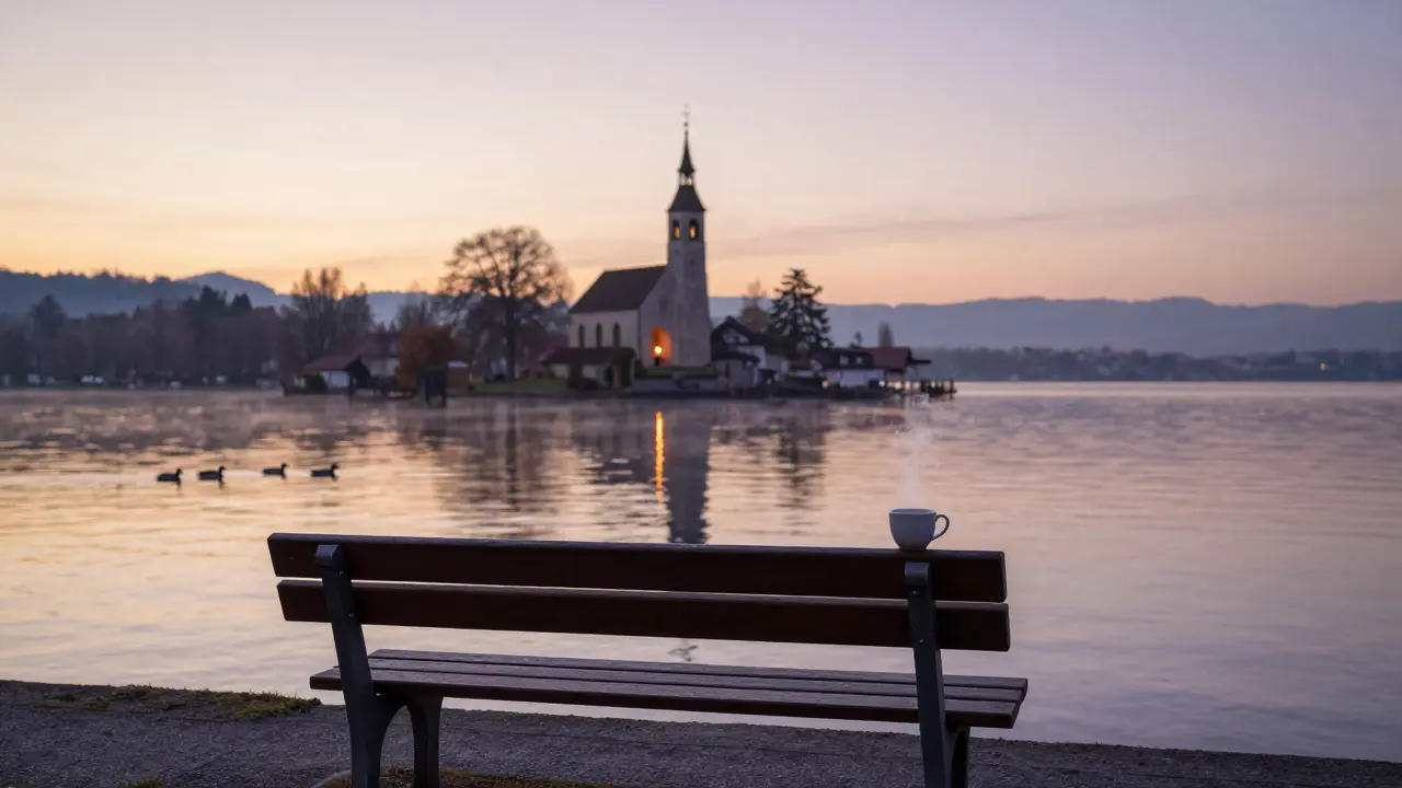 A solitary coffee cup on a lakeside bench at Wannsee at sunrise, with a flickering candle visible in the distance.
