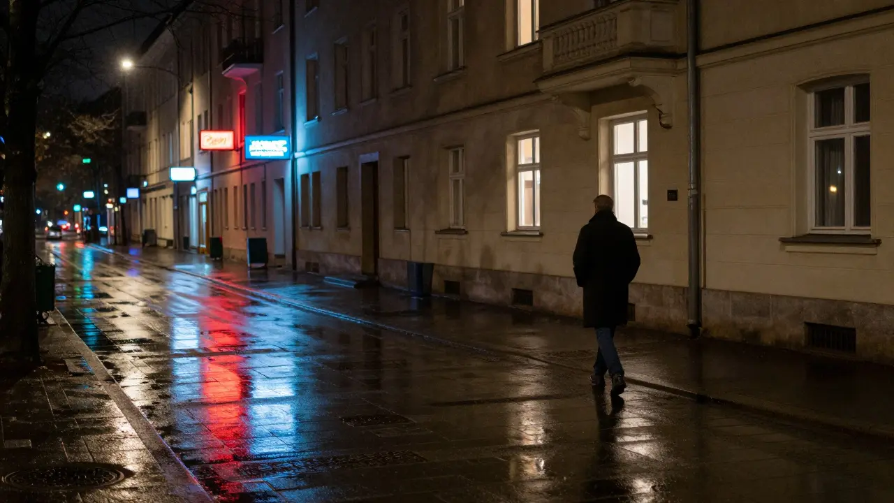A solitary figure walking away from an apartment building in rainy Berlin at night.