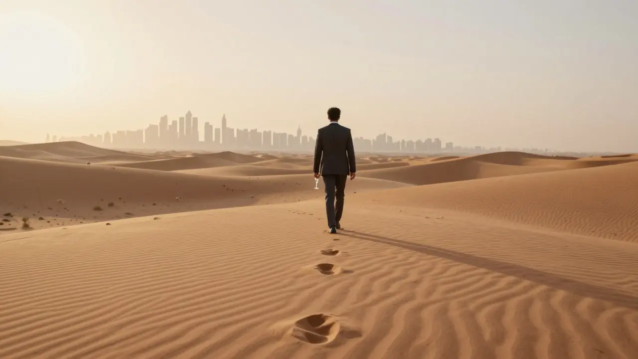A solitary figure walking in the desert at dawn near Dubai, champagne in hand, city glimmering behind.