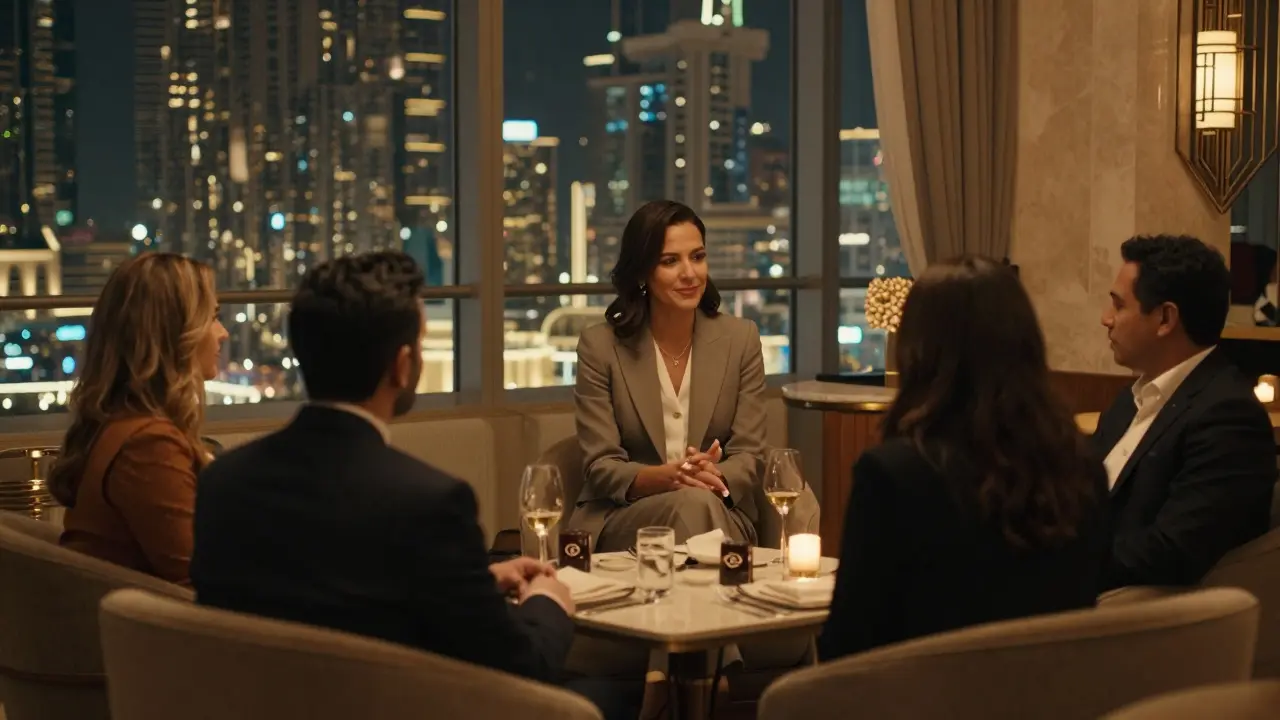 A sophisticated woman in a tailored suit conversing at a private club, blending into Dubai's elite social scene without drawing attention.