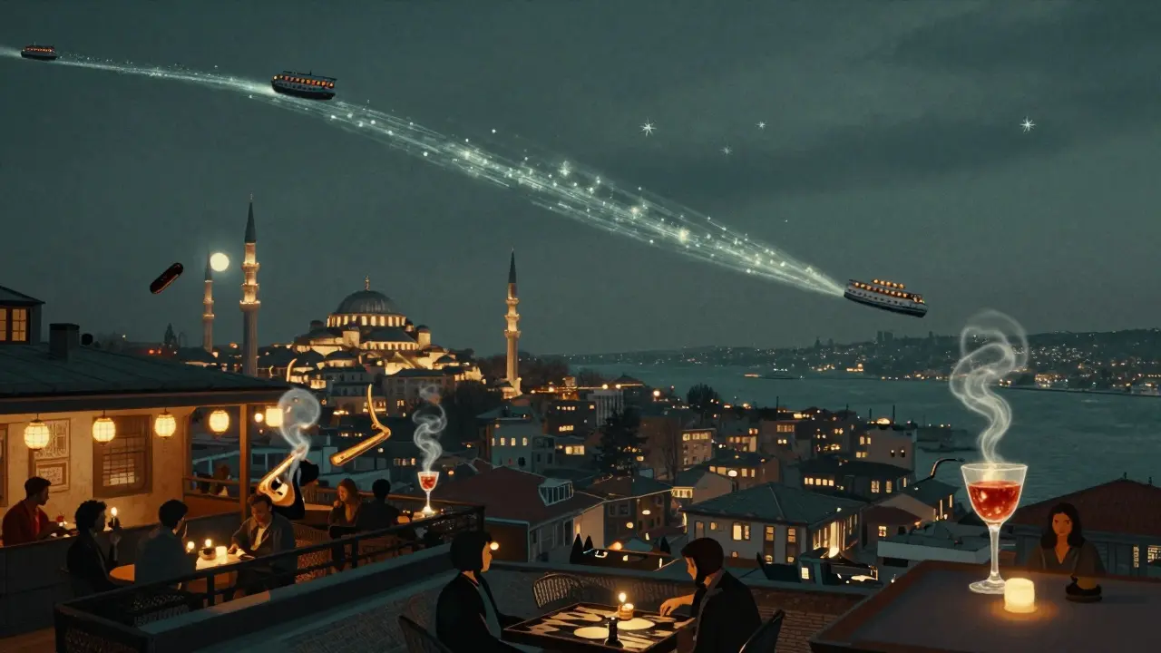 A surreal dreamscape where Istanbul’s nightlife blends into a glowing river of stars and floating lanterns.