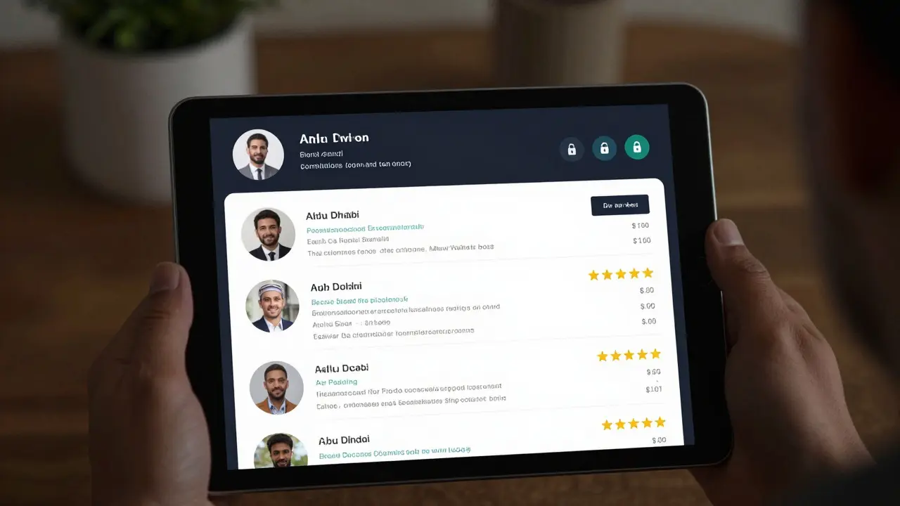 A tablet displaying verified companion profiles with clear bios and secure booking indicators.