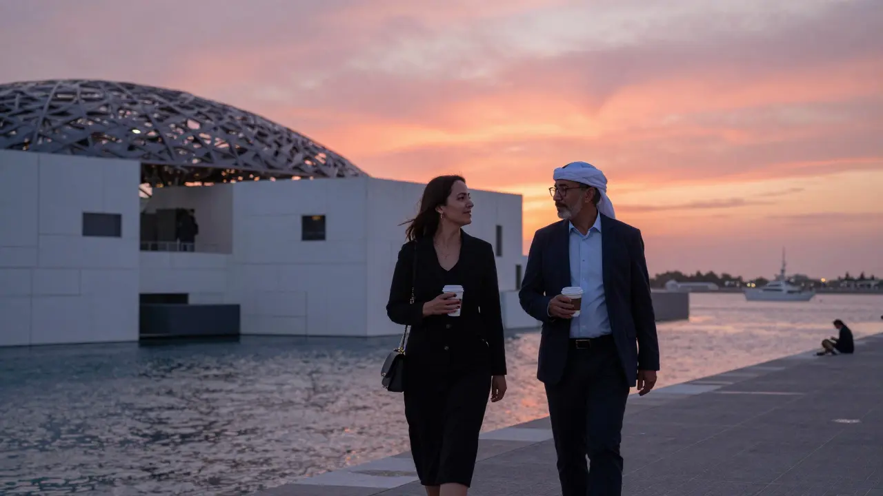 A tourist and local companion walking along Abu Dhabi's Corniche at sunset near the Louvre museum.