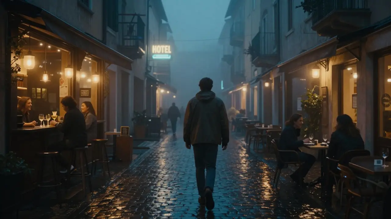 A traveler walks through Milan's Navigli district at night, surrounded by quiet social spaces.