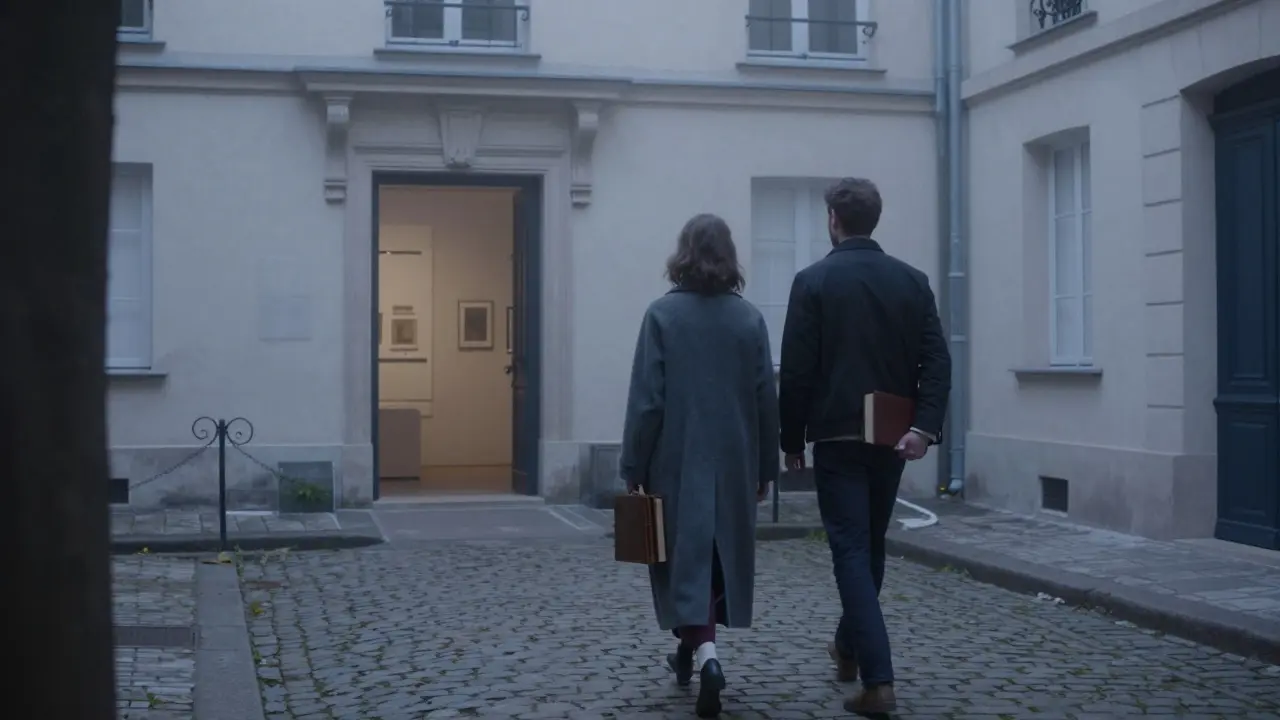 A woman and man walking through a misty Paris courtyard at dawn, carrying books toward a hidden gallery.