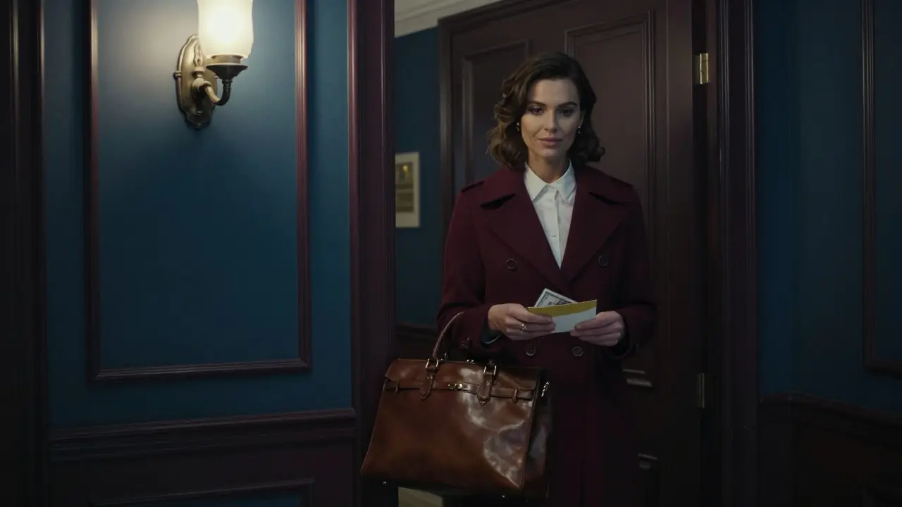 A woman in a coat holding cash outside a hotel door in Paris, dim lighting, professional and composed.