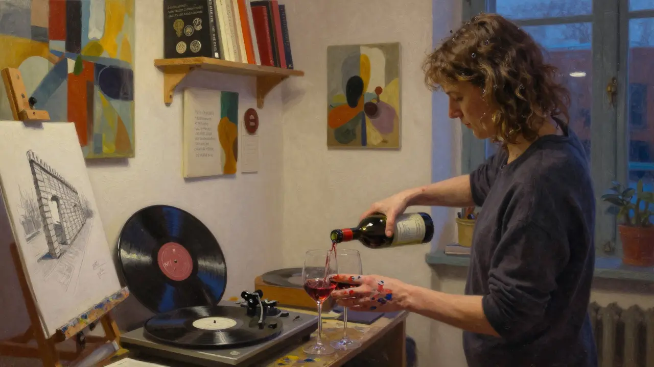 A woman pours wine in an art studio as a client listens to music, surrounded by paintings and poetry books.