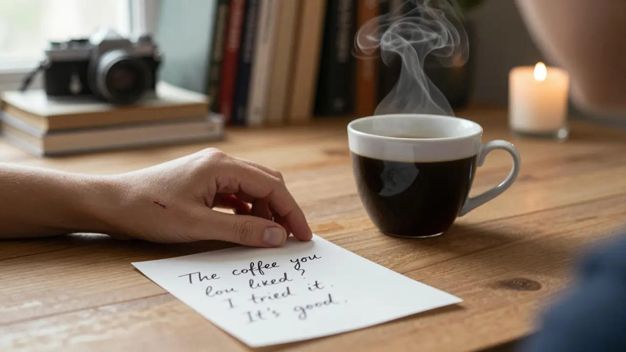 A woman’s scarred hand rests beside a handwritten note and steaming coffee.