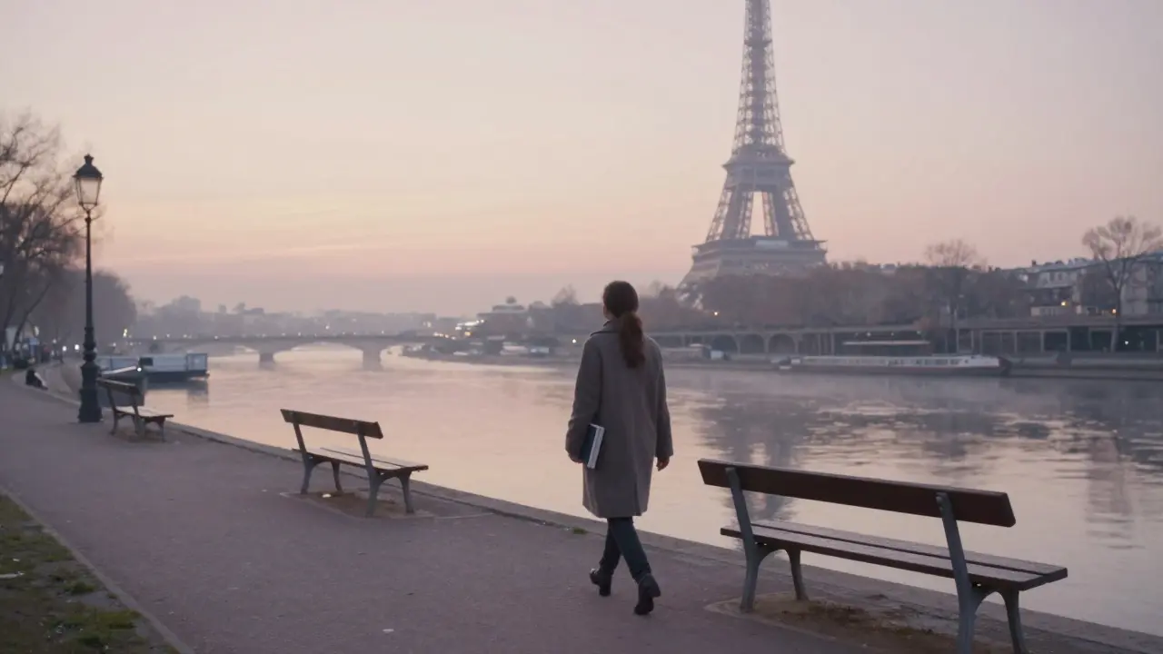 A woman walking alone along the Seine at dawn, book in hand, mist rising, Eiffel Tower in distance.