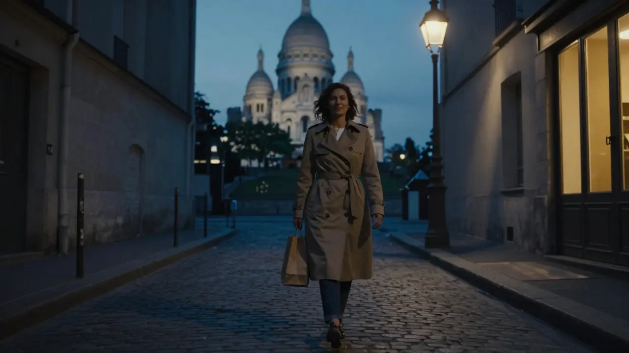 A woman walking alone through the quiet, lantern-lit streets of Montmartre at dusk.