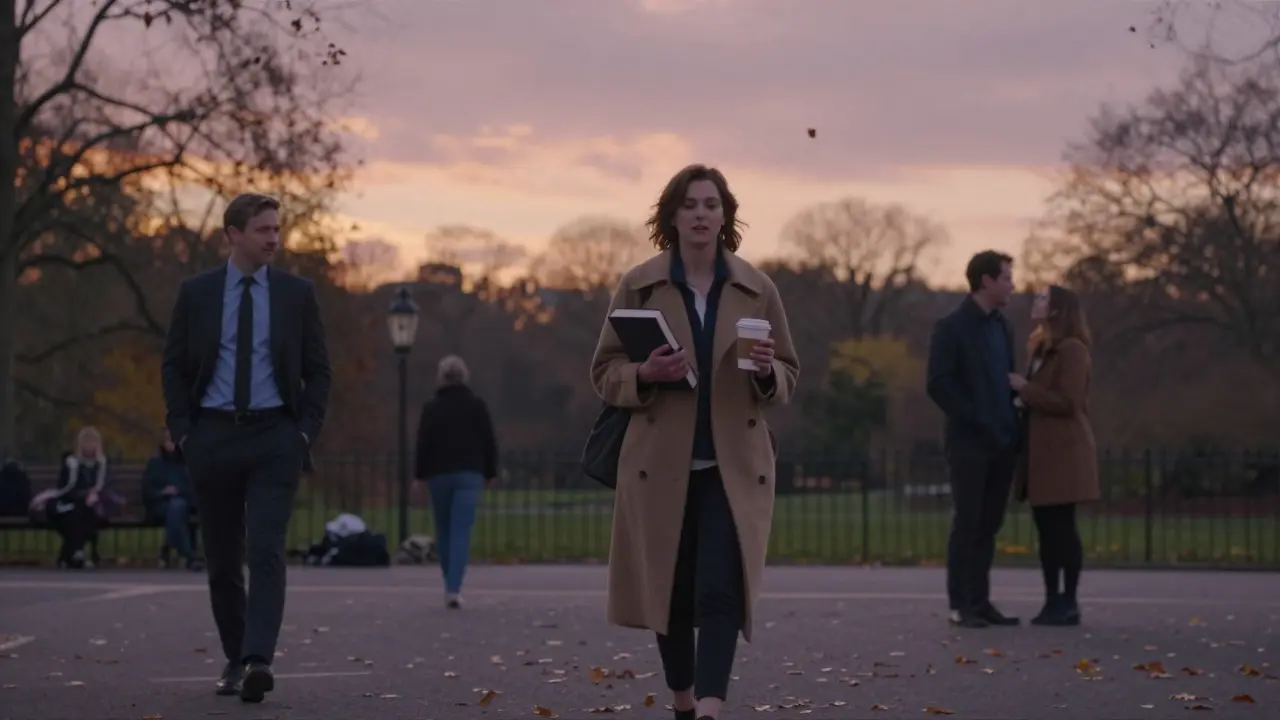 A woman walks through Hyde Park at sunset, a man following respectfully in the background.