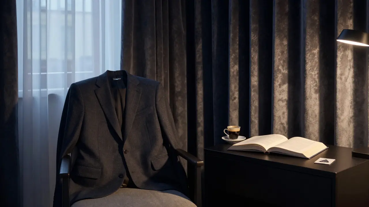 An empty luxury hotel room in Milan at dawn, hinting at a discreet and meaningful personal encounter.