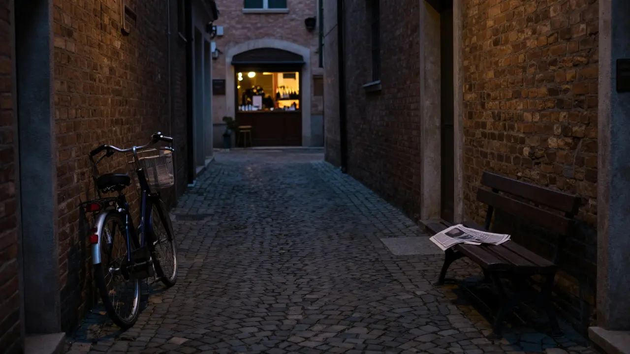 An empty Navigli alley at twilight, evoking discretion and quiet companionship.