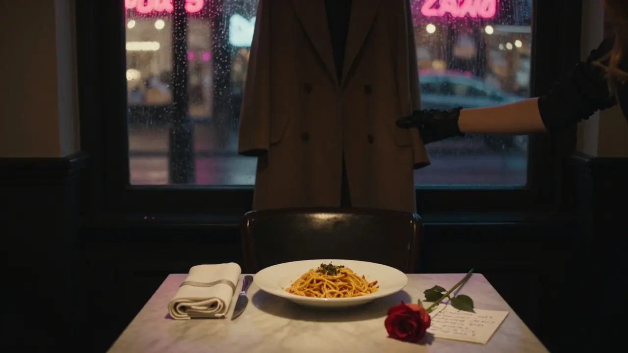 An empty restaurant table with a rose and note, rain blurring the city lights outside.