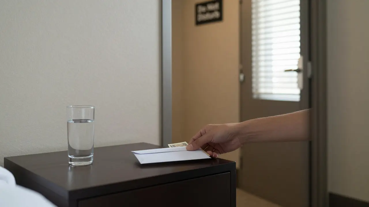 An envelope of cash is placed on a hotel nightstand, with a door slightly open to a quiet hallway.