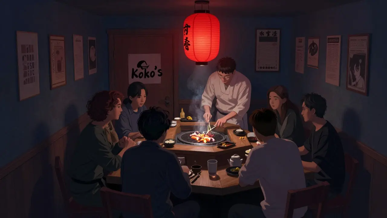 An intimate basement izakaya with red lantern light, chef grilling squid over charcoal for hidden diners.