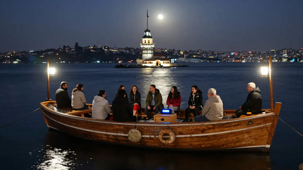 An old fishing boat at sea at 3 a.m., lit by lanterns, with people enjoying music and city lights reflecting on the water.