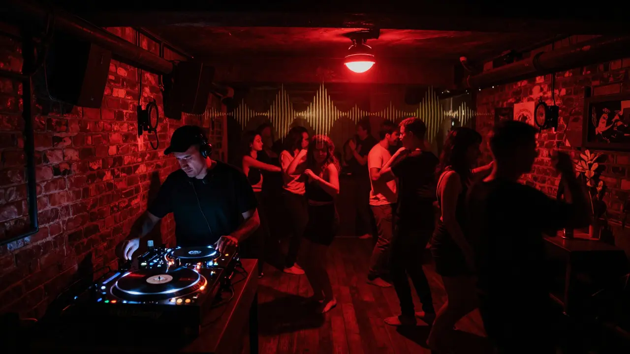Basement club in Karaköy with DJ spinning Turkish folk music, dim red lights, no phones.