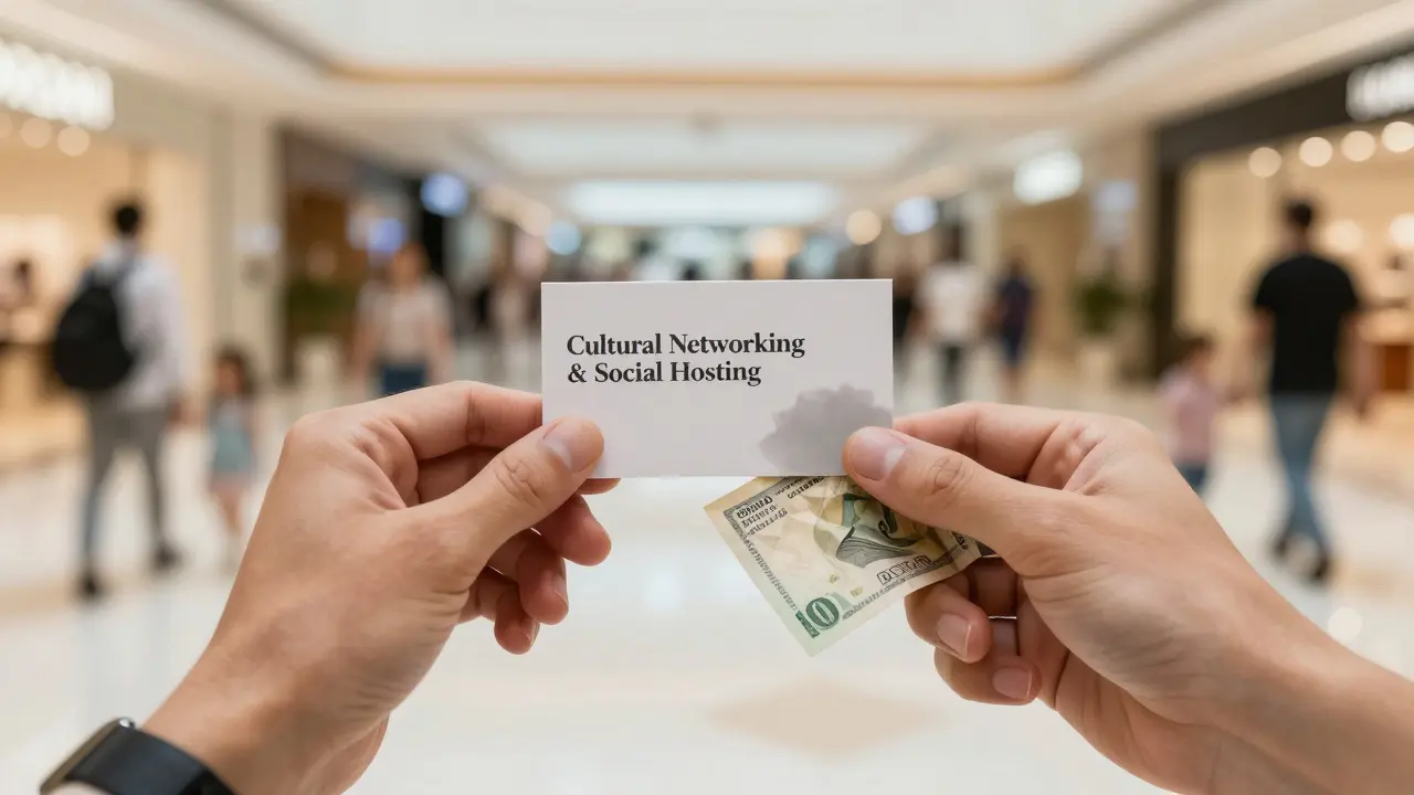 Business card for cultural networking beside a crumpled cash note, blurred Dubai Mall crowd in background.