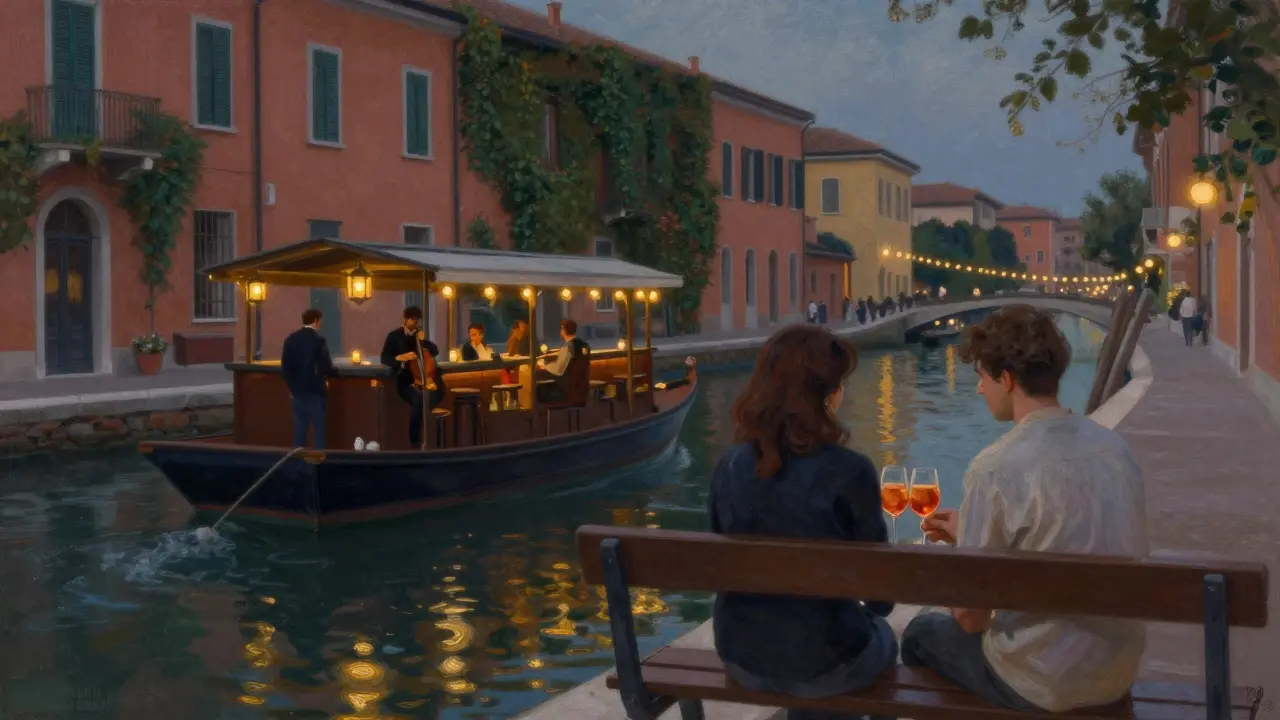 Couples enjoying a quiet evening by Navigli canals, soft lantern light, floating jazz bar, reflections on water at dusk.