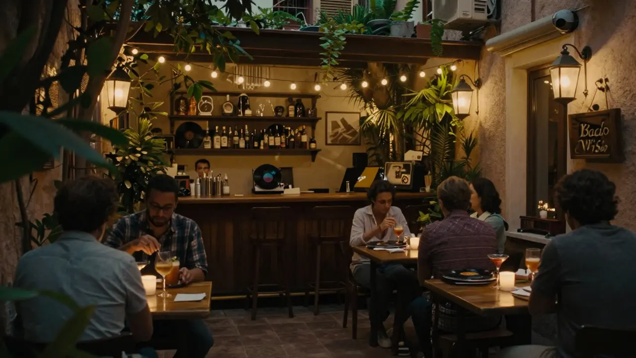 Cozy courtyard bar with fairy lights and patrons sipping cocktails under vinyl records.