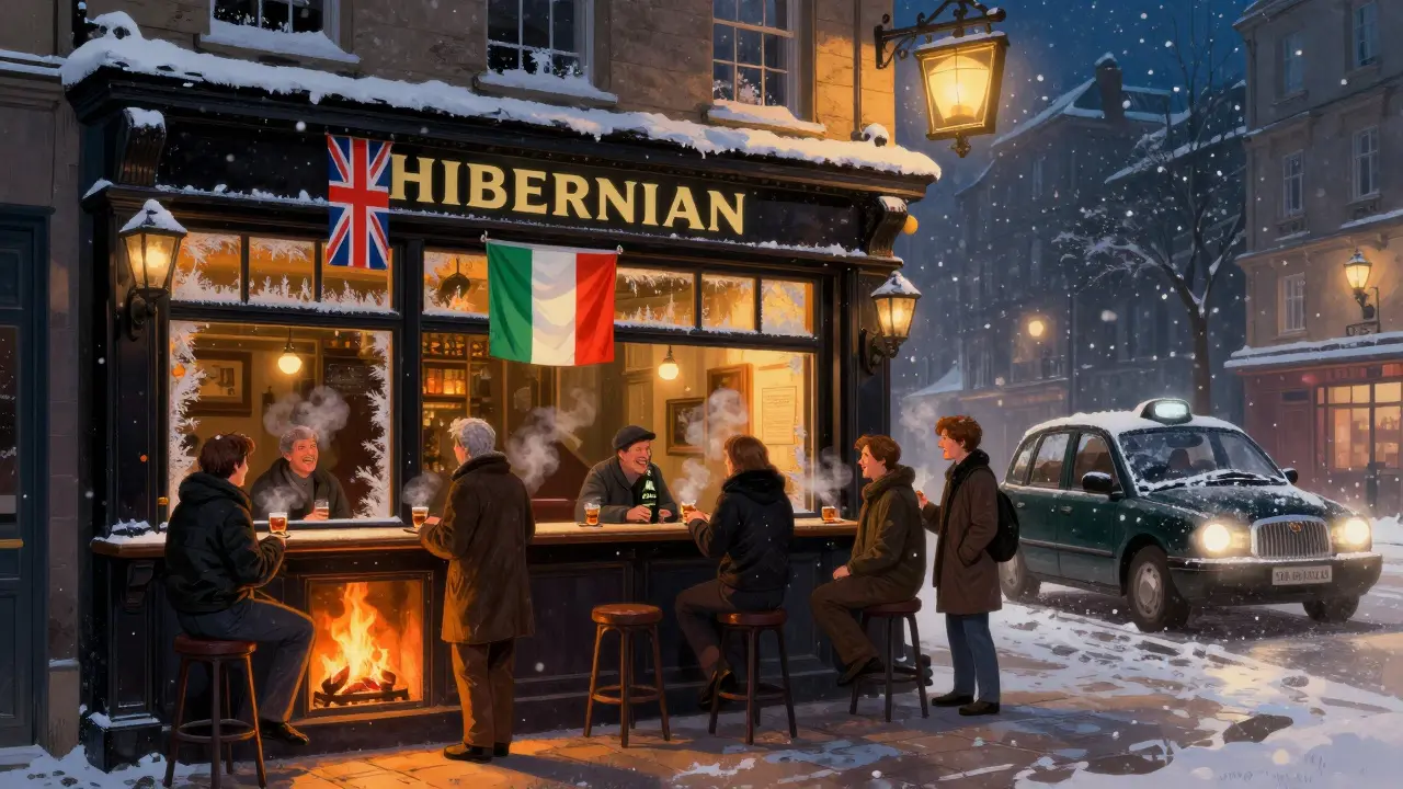 Cozy winter scene at The Hibernian pub with fireplace, locals drinking whiskey, and snow outside.