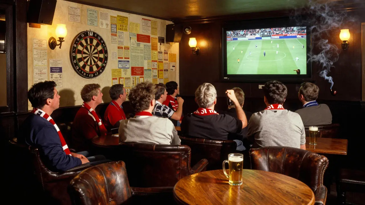 Crowd at The Red Lion pub watching a football match, darts board and rugby tickets on the wall.