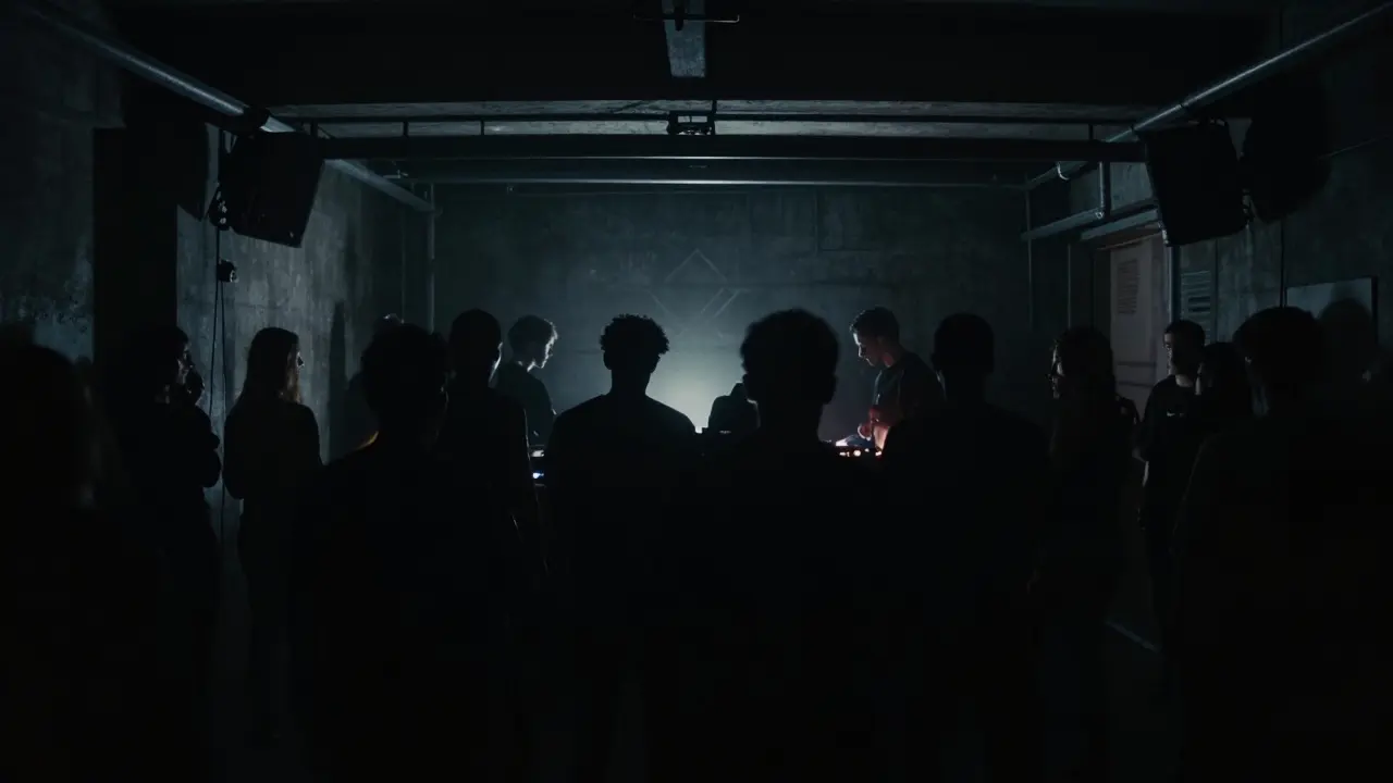 Crowd dancing underground at a minimalist techno club in Milan with pulsing lights.