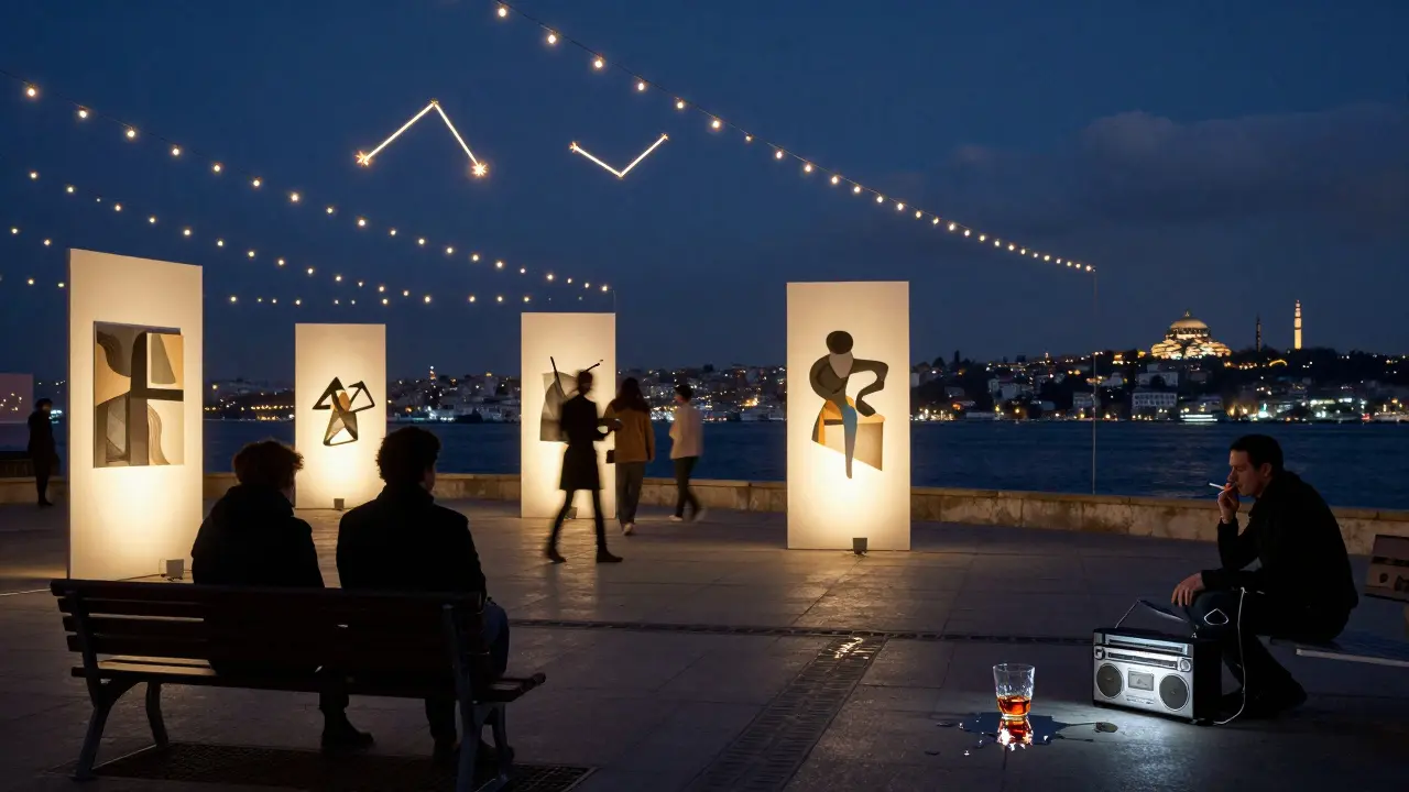 Dancers moving among art installations under rooftop lights at Istanbul Modern after hours.