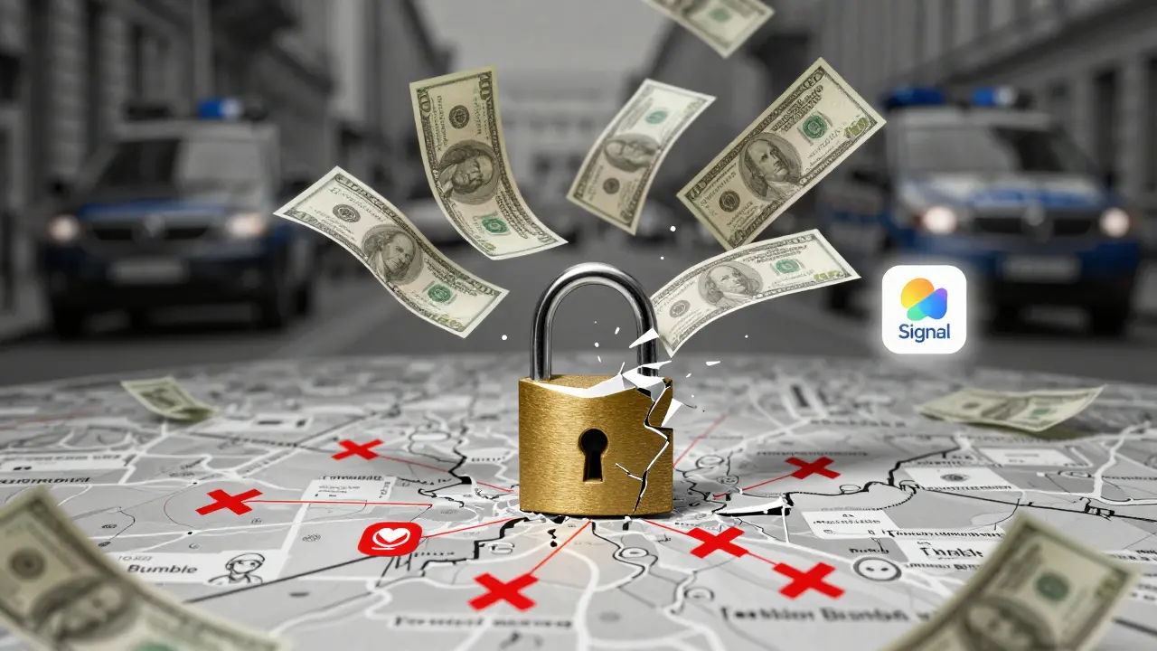 Digital lock breaking into cash, with banned apps crossed out and Signal icon glowing.