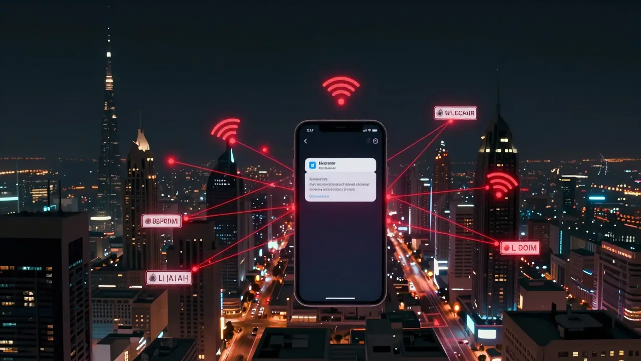 Digital surveillance network glowing over Dubai’s cityscape, tracing phone signals and messages.