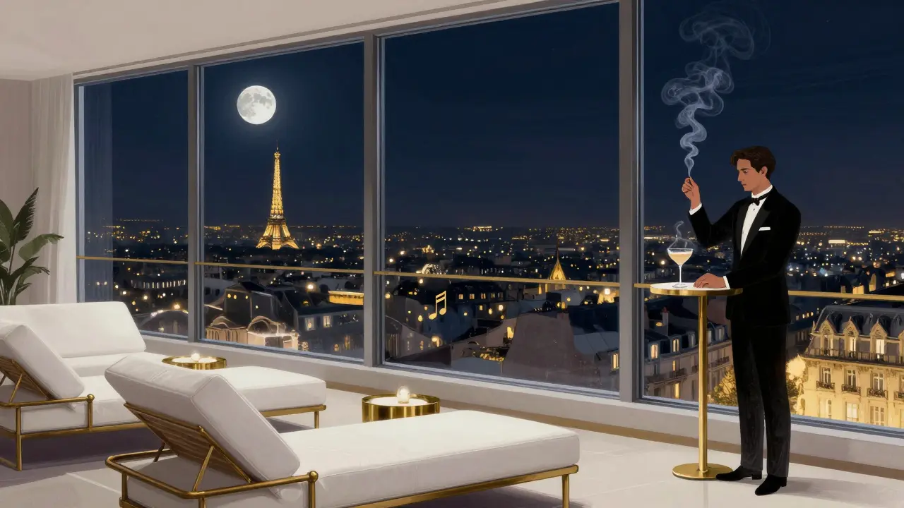 Elegant Parisian rooftop bar with minimalist decor and a bartender releasing smoke from a cocktail.