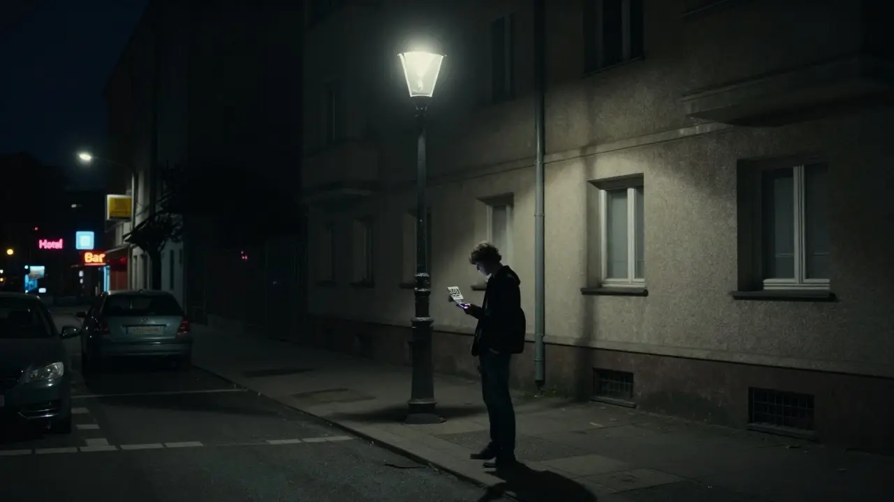 Figures in shadow under a Berlin streetlamp at night, conveying secrecy and risk.