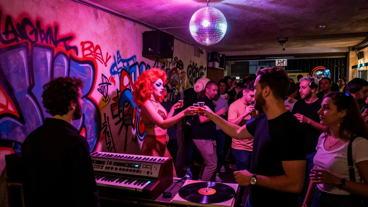 Graffiti-covered bar in Porta Venezia with diverse crowd dancing under neon lights and disco ball.